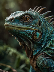 Textured iguana scales against the greenery of nature.