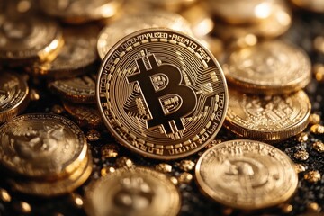 A stack of shiny golden bitcoins, perfect for illustrating financial success or wealth