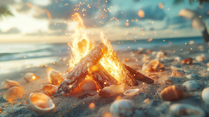 A fire is burning on a beach with shells scattered around it