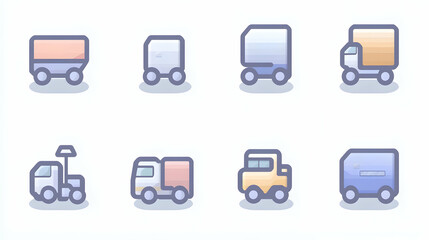 Flat icons of various types of delivery trucks on a white background; digital graphic elements for apps, websites, or presentations.