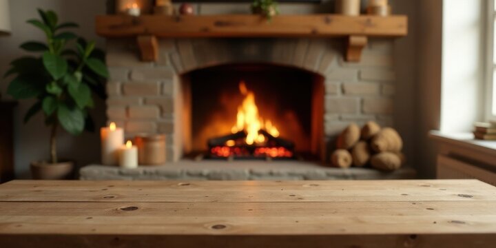 Rustic wooden table in front of a cozy fireplace with burning fire and candles