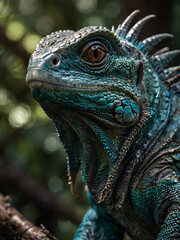 Fototapeta premium Detailed portrait of a brightly colored iguana with highlights on its scales.
