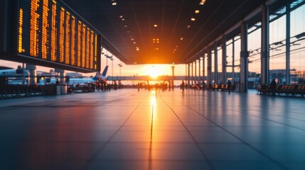 A bustling airport terminal illuminated by a stunning sunset, showcasing digital flight boards and a vibrant atmosphere.