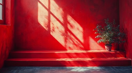 Red staircase illuminated by sunlight