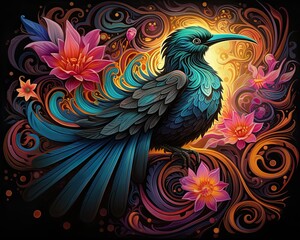 Obraz premium Ornate bird amidst vibrant flowers and swirls.