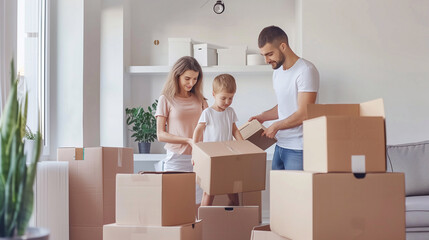 A happy young married couple move into a new apartment with their son and unpack boxes together.Sweet Home for Young Family