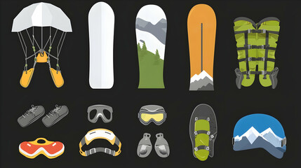 Flat Illustration of Winter Sports Equipment on Dark Background.