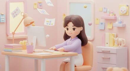 Creative workspace with cute cartoon character in pastel office setting