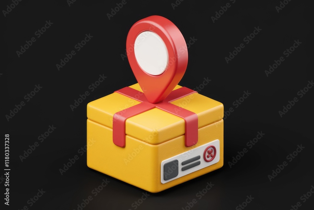 Poster 3d render of a yellow gift box with a red location pin on top, symbolizing delivery tracking.