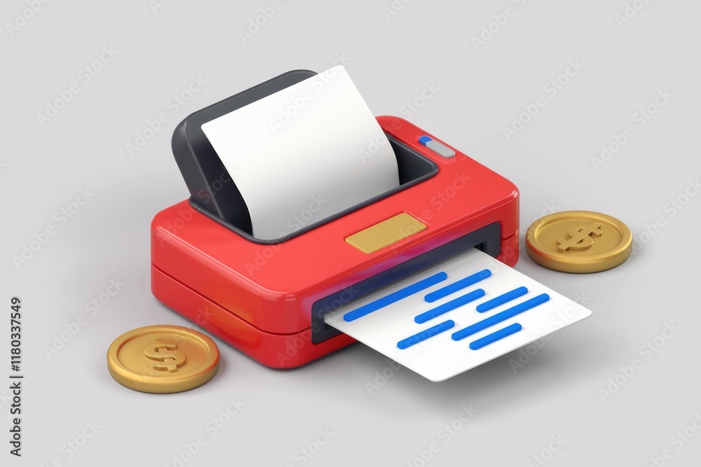 Poster red printer printing document with dollar coins signifying money printing or transaction fees.
