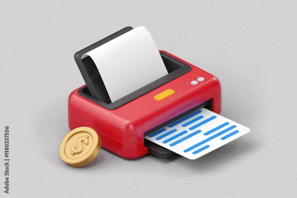 Aufkleber a red mini printer produces a document, symbolizing cost-effective printing or digital document gene