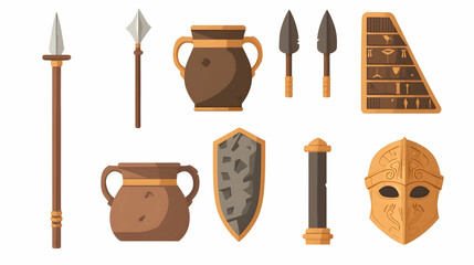 Ancient artifacts collection spears, shields, pottery, helmet; illustration design, historical background; game, educational use.