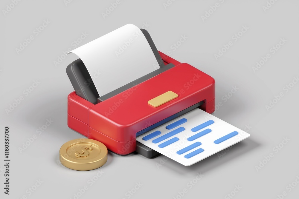 Poster a red compact printer generating a document, alongside a gold coin symbolizing financial transaction
