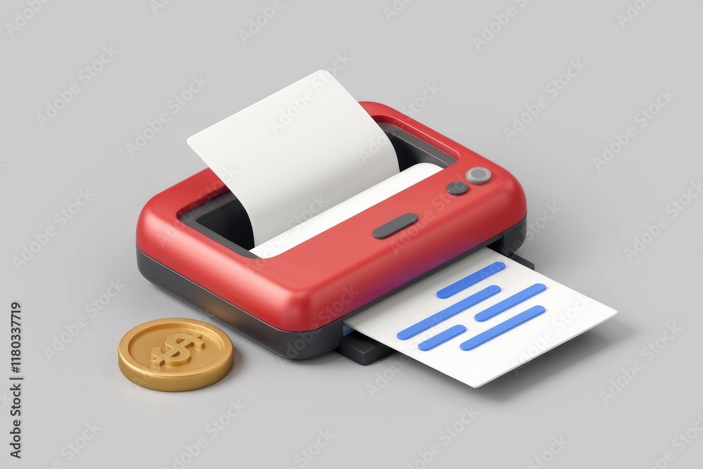 Poster A red miniature printer generates a document, symbolizing financial document printing or transaction processing.