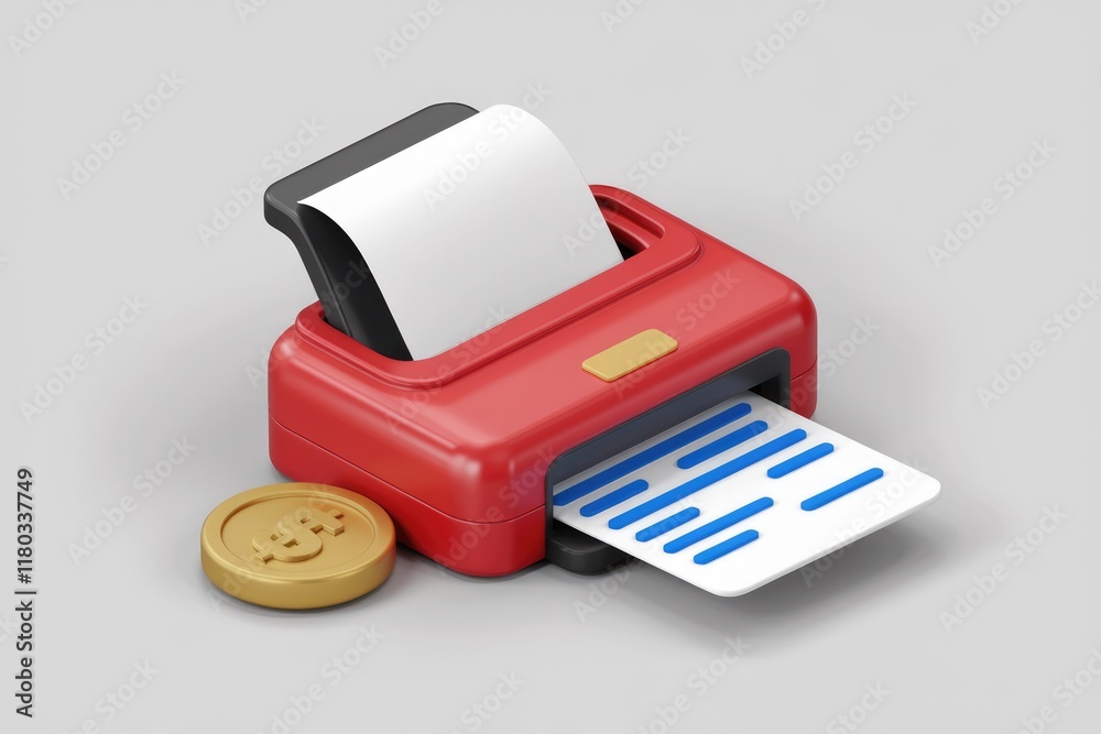 Poster a red 3d model of a printer dispensing a receipt with a bitcoin beside it.