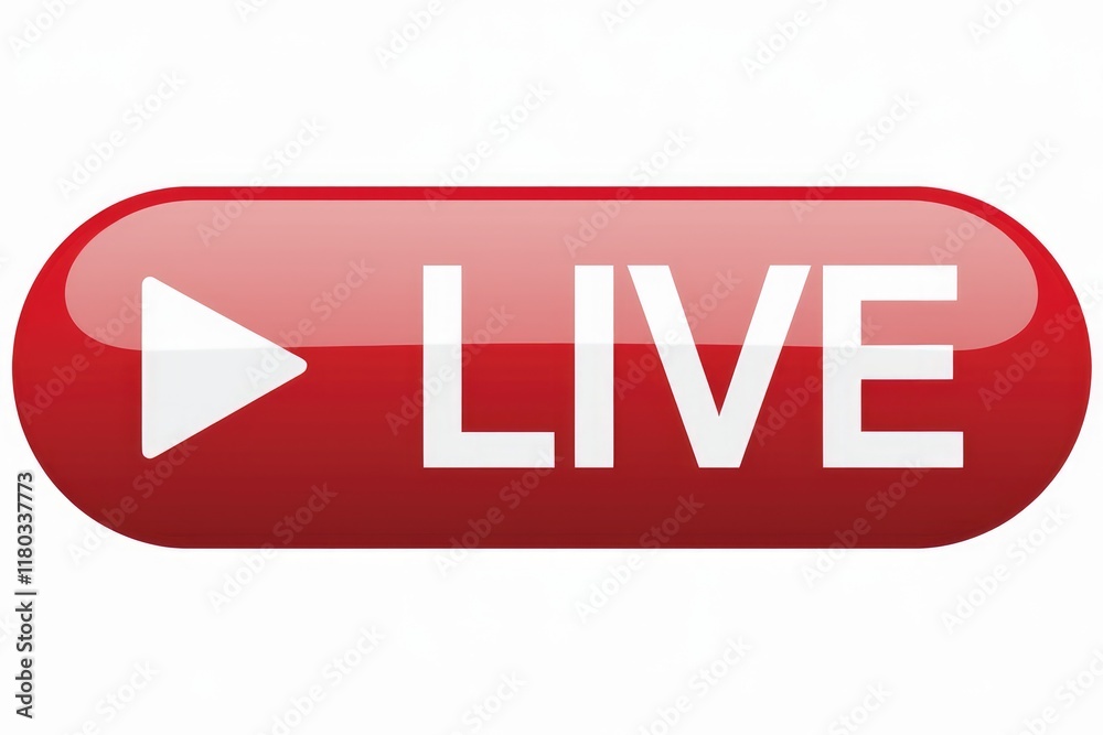 Poster red button with a play icon and the word live, indicating a live stream.
