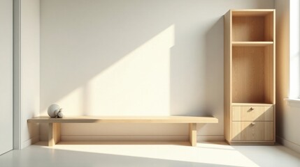 Fototapeta premium Minimalist interior design light wood bench and shelving unit in a bright room