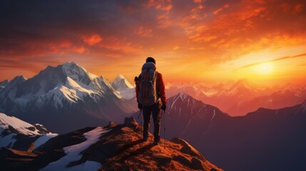 Fototapeta premium a tourist with a backpack stands on the top of a mountain and looks at the sunset