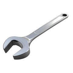 Obraz premium A shiny chrome wrench is shown isolated on a white background. The tool is angled slightly.