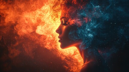 Abstract fiery silhouette blending with clouds