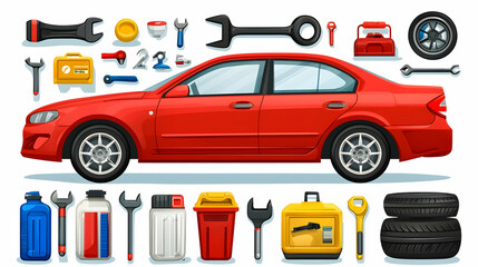 Naklejka premium Red car with car repair tools and supplies on white background. Possible use automotive repair guide, workshop, maintenance, infographic.