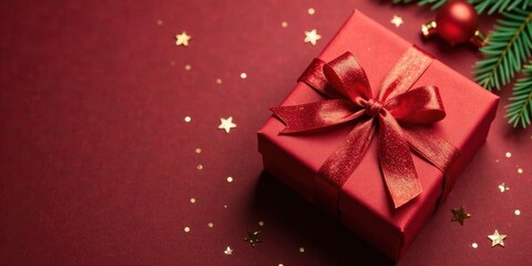 Obraz premium A Festive Red Gift Box with a Satin Ribbon Bow and Gold Glitter on a Dark Red Background