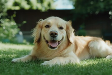 A friendly golden retriever relaxing outdoors, perfect for pet-related or outdoor-themed projects
