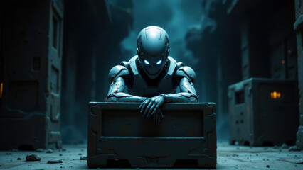 Detectable AI robot sitting on crates in an industrial setting with blue lighting.