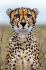 Obraz premium A cheetah sits in the middle of a green field, with grasses and wildflowers around