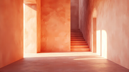 Fototapeta premium Minimalistic terracotta interior, raw limestone texture, textured stone background, warm color palette, 3d rendering of a room in bright sunlight. generative ai. Flamestone. Illustration