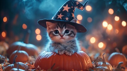 kitten in witch hat with stars and moons, sitting on a pumpkin generative ai