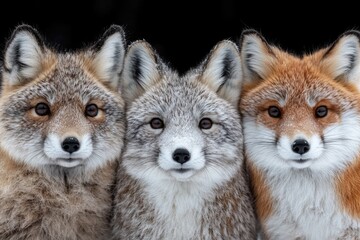 A group of three foxes standing side by side, with a natural background