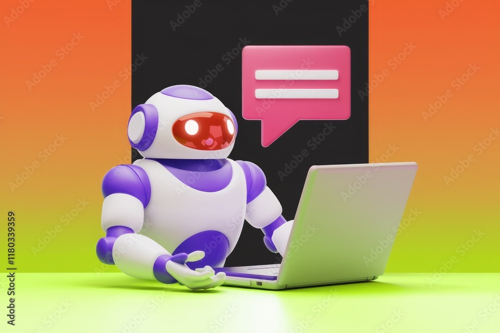 Poster a friendly robot uses a laptop to communicate and provide assistance.