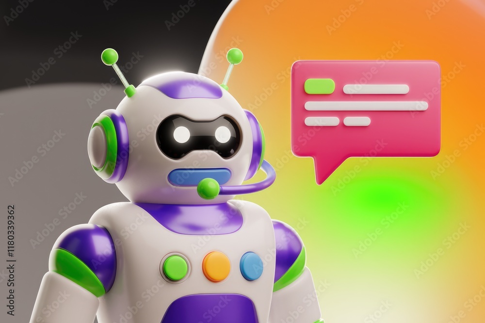 Fototapete a friendly robot offers customer support via a chat message interface.