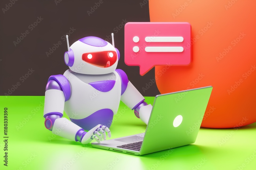Poster A cute robot uses a laptop to communicate and process information efficiently.