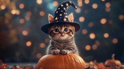 kitten in witch hat with stars and moons, sitting on a pumpkin generative ai