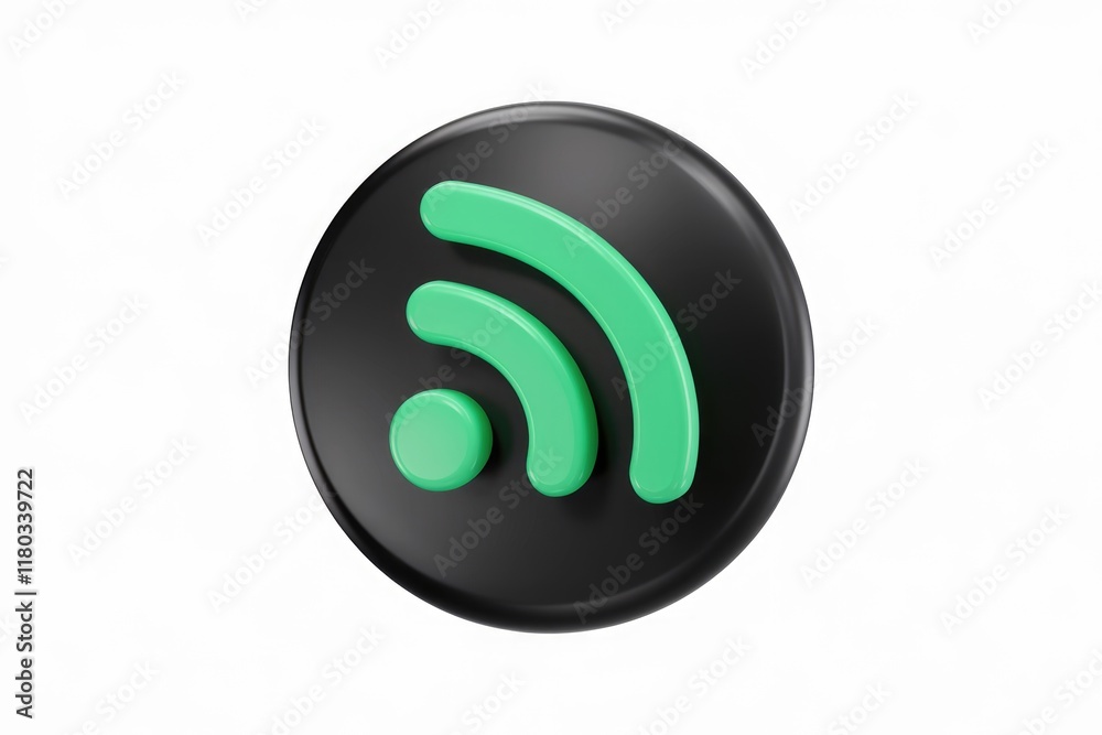 Poster a 3d rendered rss feed icon, green on black, symbolizes online content subscription and updates.