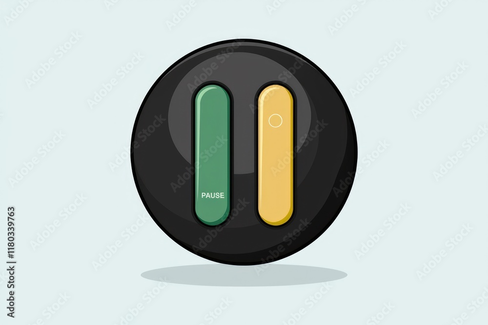 Poster A stylized pause button, depicted as two vertical rectangles on a black circle, representing media control.