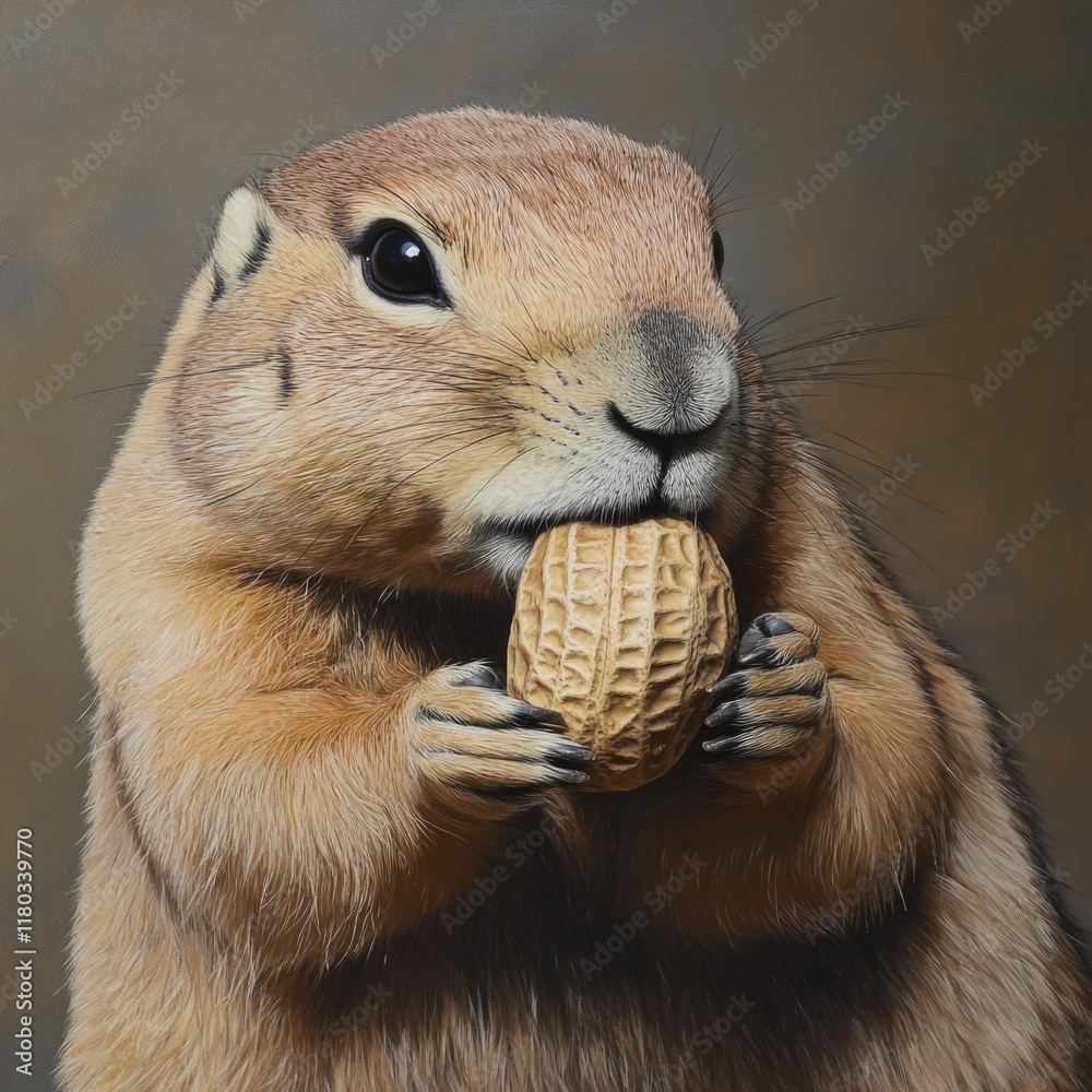 Poster a close-up view of a ground squirrel munching on a peanut, highlighting its busy activity in nature