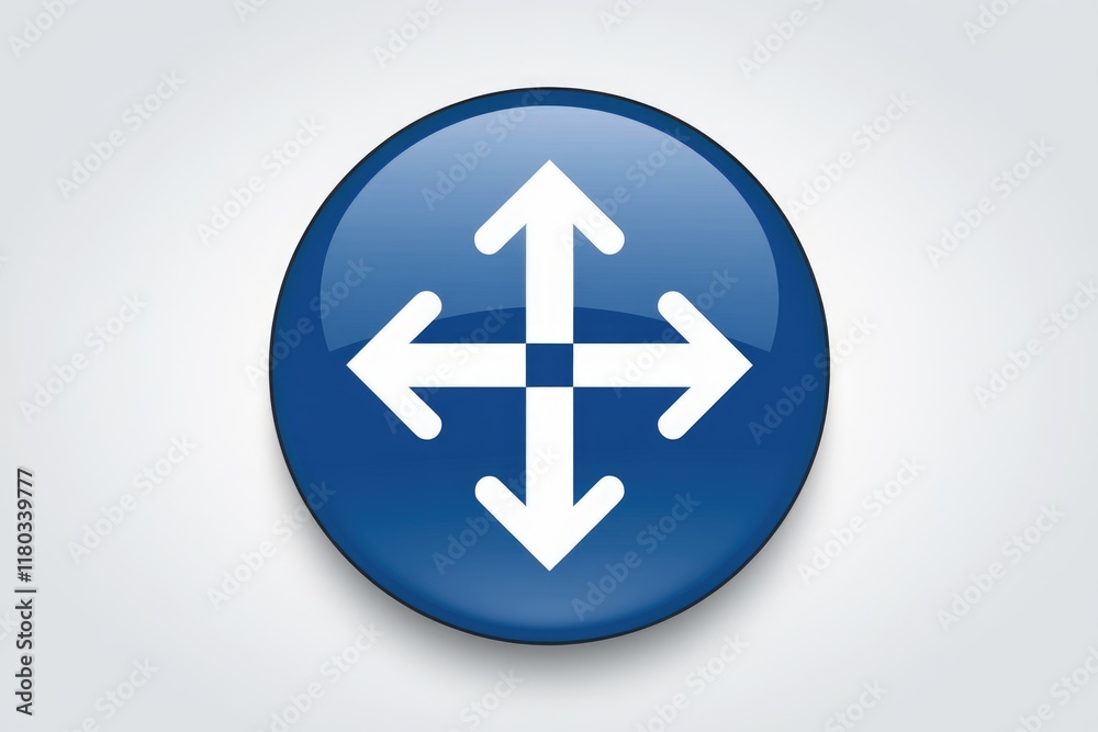 Poster A blue circular button displays four white arrows pointing in all four directions, symbolizing movement and multidirectional flow.