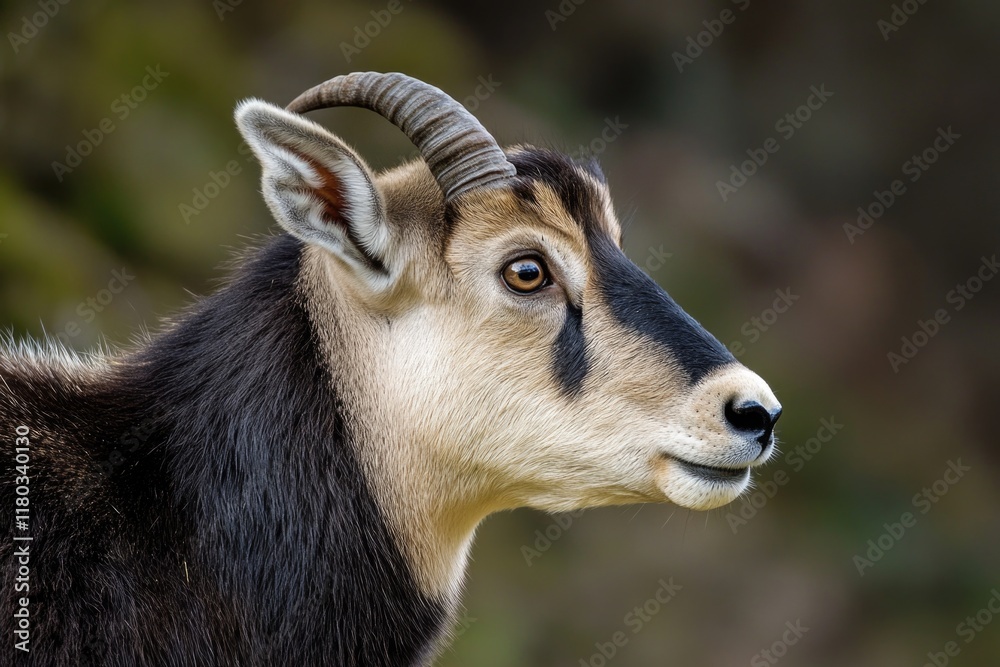 Poster a detailed view of a goat's face with a distinctive long horn, suitable for editorial or commercial 