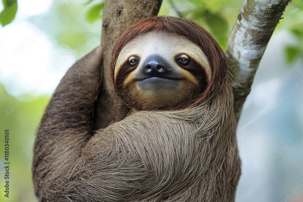 Poster A sloth hangs upside down from a tree branch, enjoying the view
