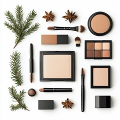 A flat lay of makeup products arranged with pine branches and star anise, showcasing various cosmetics and tools for beauty enthusiasts.