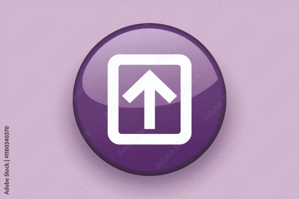 Poster Purple button with a white upward arrow inside a square, indicating upload or elevation.