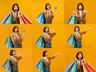 Fototapeta premium A cheerful shopper poses with colorful bags showcasing discounts during a vibrant Black Friday event. The individual expresses joy and excitement, highlighting shopping offers and sales.