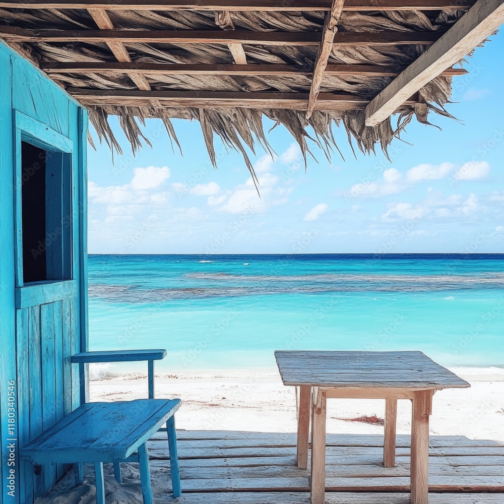 Poster a simple table and two chairs on a sunny beach