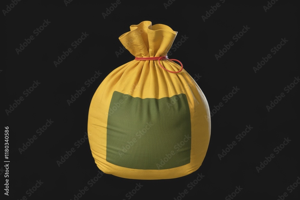 Aufkleber A yellow fabric sack with a green square patch, tied with a red string, against a transparent background.