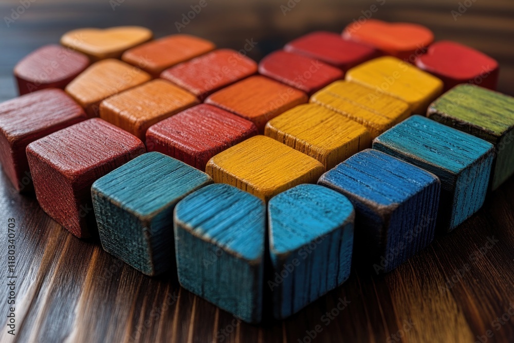 Poster a unique wooden heart created with blocks on a table, perfect for decorative purposes or as a creati