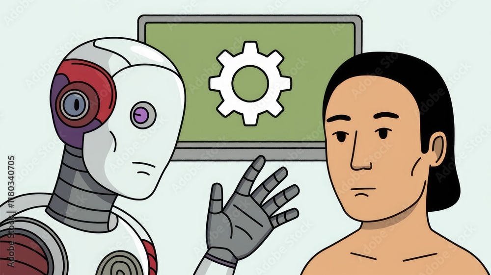 Poster A robot and a human interact, possibly discussing technology or AI integration.