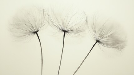 Whimsical dandelion seeds floating in ink wash style, ethereal movement, light brushwork